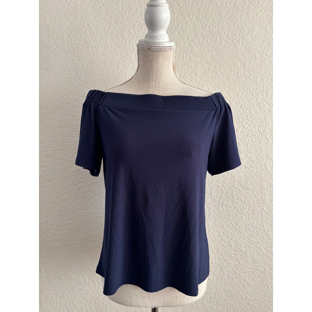 Carol Rose Off The Shoulder Top Size M Excellent Navy Blue Pleated Short Sleeve